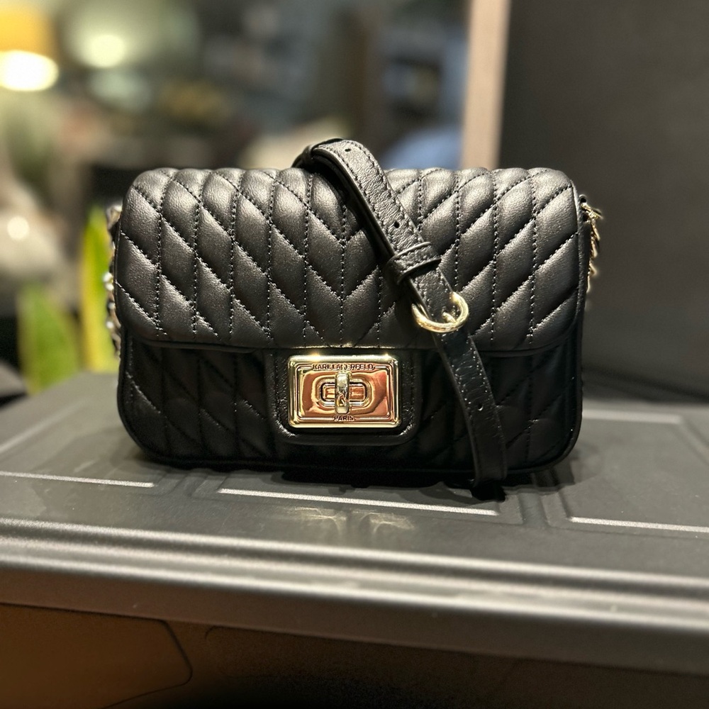 KARL LAGERFELD PARIS Small Agyness Quilted Leather Shoulder Bag Black $198